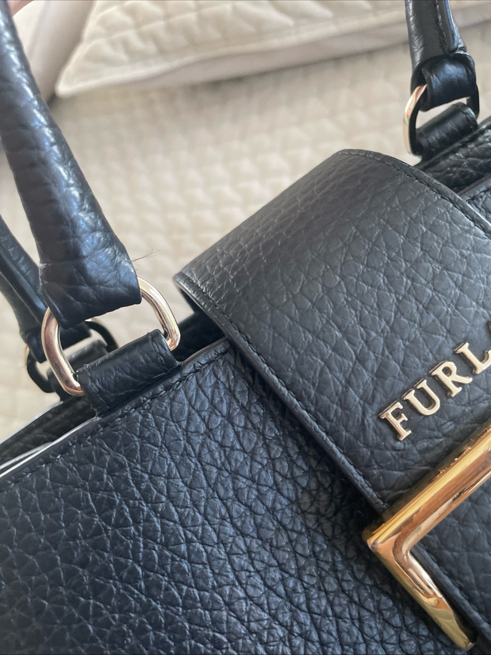 Furla Black Pebbled Leather Satchel with Gold Buckle - Picture 11 of 16